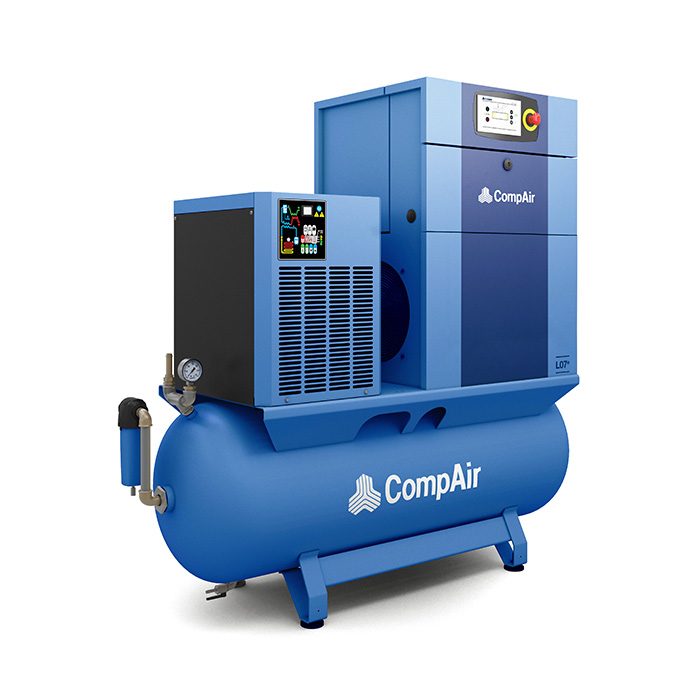 7 kW screw air compressor with tank and dryer