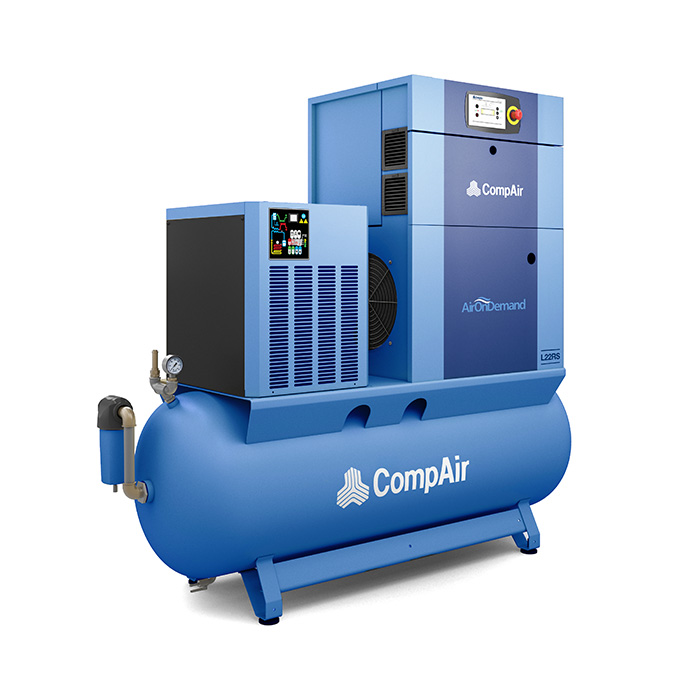 22 kW screw air compressor with tank and dryer