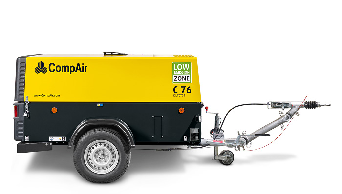 medium sized portable air compressor C76 with tow bar side image
